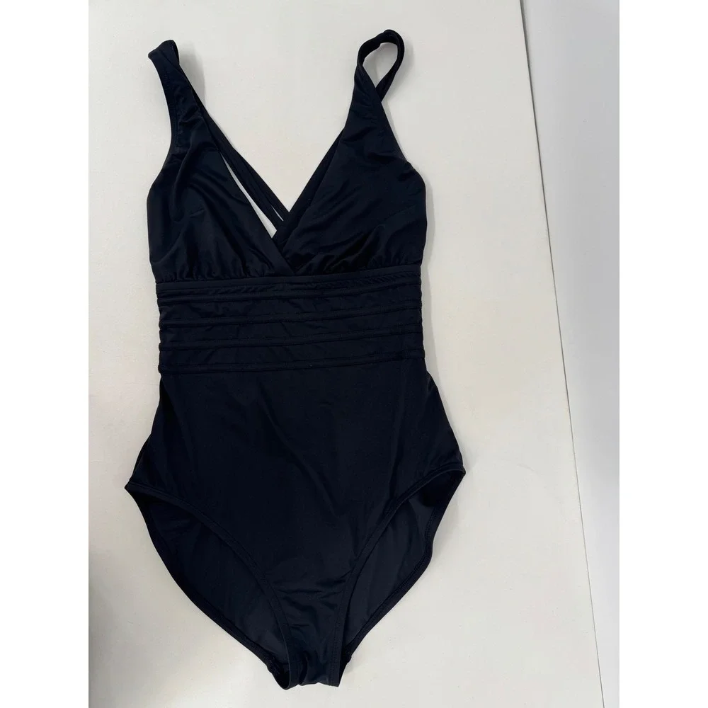 La Blanca Sz 12 Black V-Neck One-Piece Swimsuit Ruched Criss Cross Back Straps